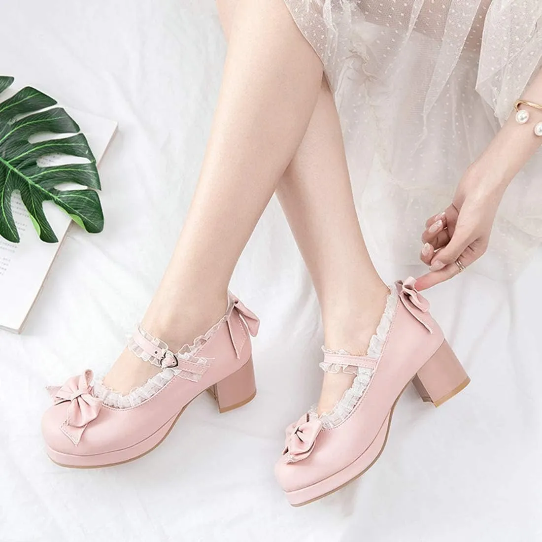 VOKLIN Women's Girls Lolita Mary Janes Shoes Sweet Bow Lace Ankle Strap Mid Heel Cosplay Oxford Dress Pumps
