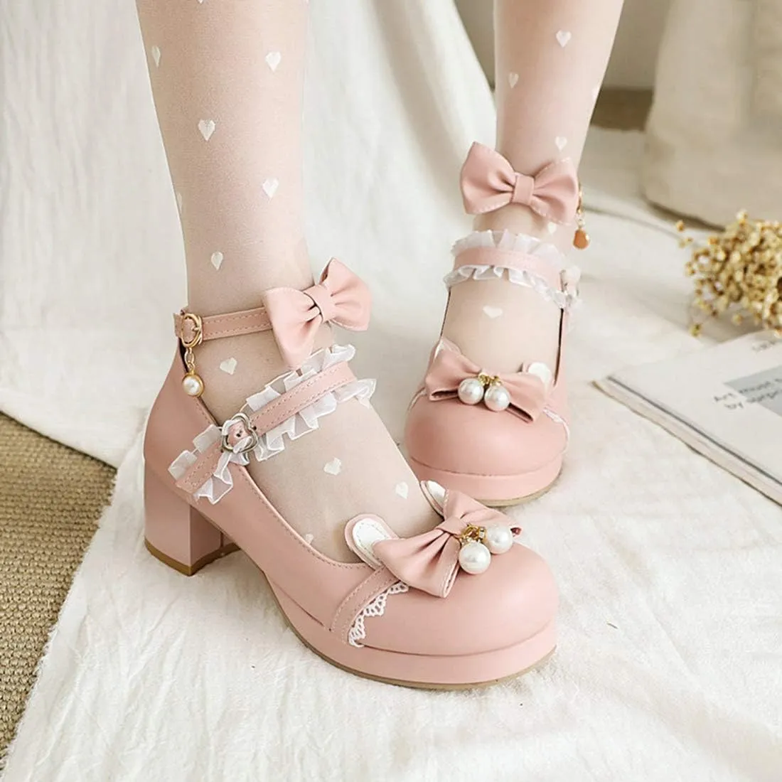 VOKLIN Women's Girls Lolita Mary Janes Shoes Sweet Bow Lace Ankle Strap Mid Heels Cosplay Oxford Dress Pumps