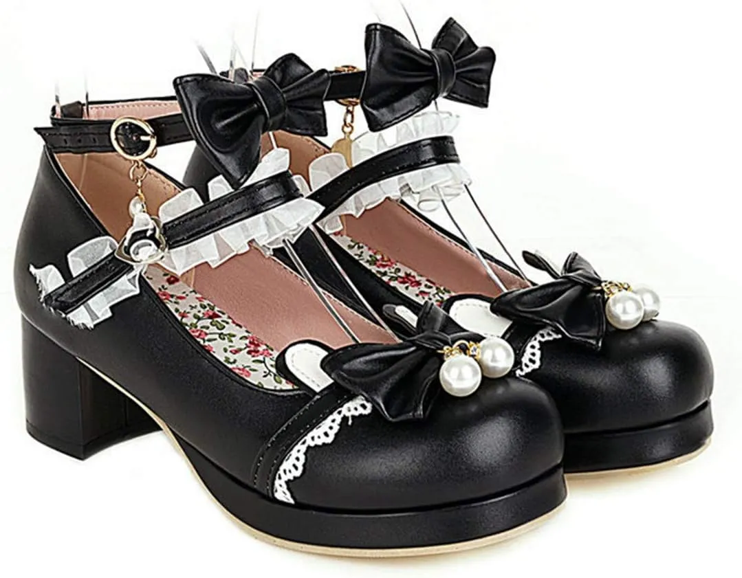 VOKLIN Women's Girls Lolita Mary Janes Shoes Sweet Bow Lace Ankle Strap Mid Heels Cosplay Oxford Dress Pumps
