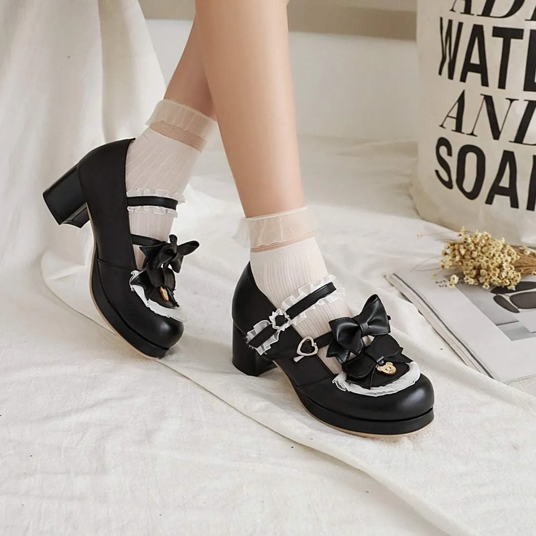VOKLIN Women's Girls Lolita Mary Janes Shoes Sweet Bow Lace Ankle Strap Mid Heels Cosplay Oxford Dress Pumps