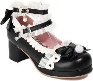 VOKLIN Women's Girls Lolita Mary Janes Shoes Sweet Bow Lace Ankle Strap Mid Heels Cosplay Oxford Dress Pumps