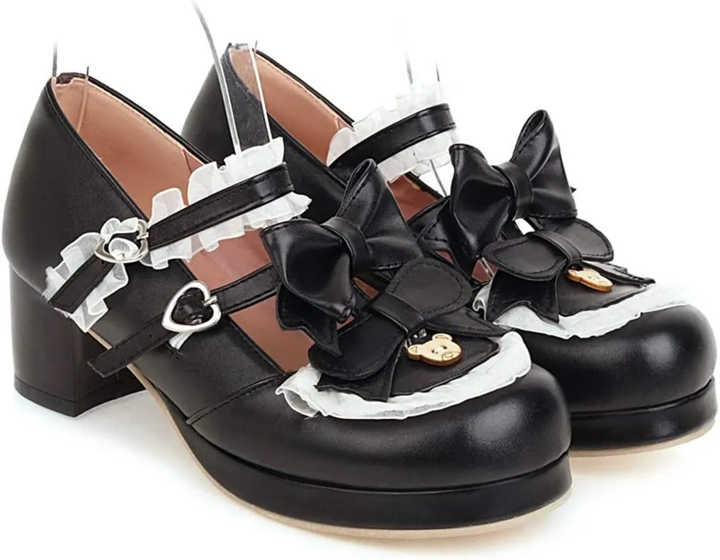 VOKLIN Women's Girls Lolita Mary Janes Shoes Sweet Bow Lace Ankle Strap Mid Heels Cosplay Oxford Dress Pumps