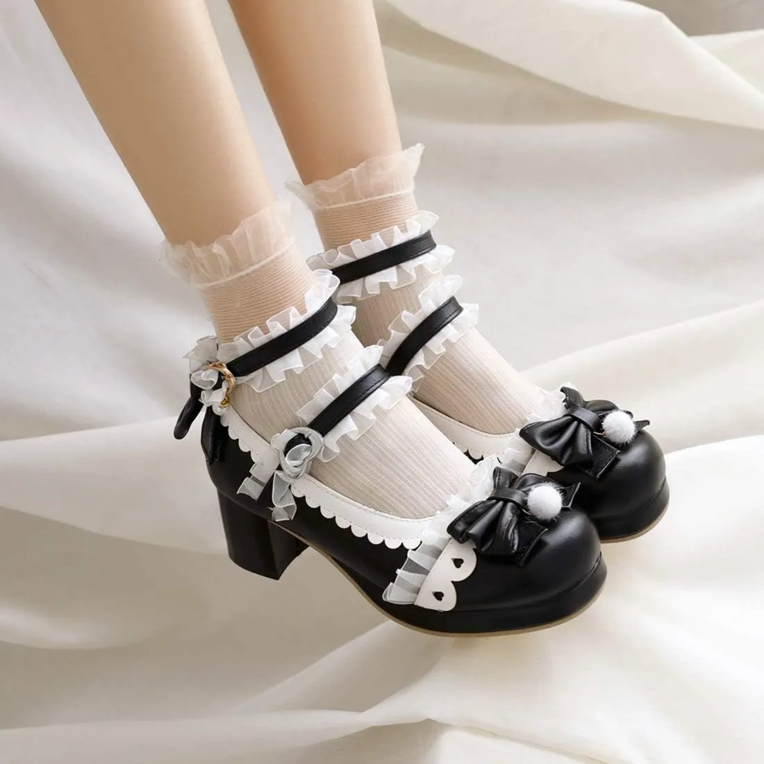 VOKLIN Women's Girls Lolita Mary Janes Shoes Sweet Bow Lace Ankle Strap Mid Heels Cosplay Oxford Dress Pumps