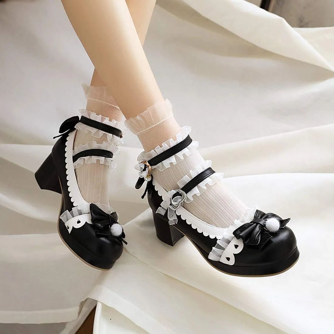 VOKLIN Women's Girls Lolita Mary Janes Shoes Sweet Bow Lace Ankle Strap Mid Heels Cosplay Oxford Dress Pumps