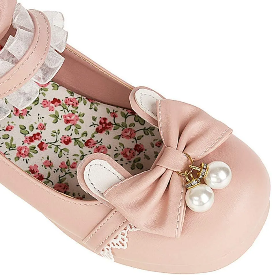 VOKLIN Women's Girls Lolita Mary Janes Shoes Sweet Bow Lace Ankle Strap Mid Heels Cosplay Oxford Dress Pumps