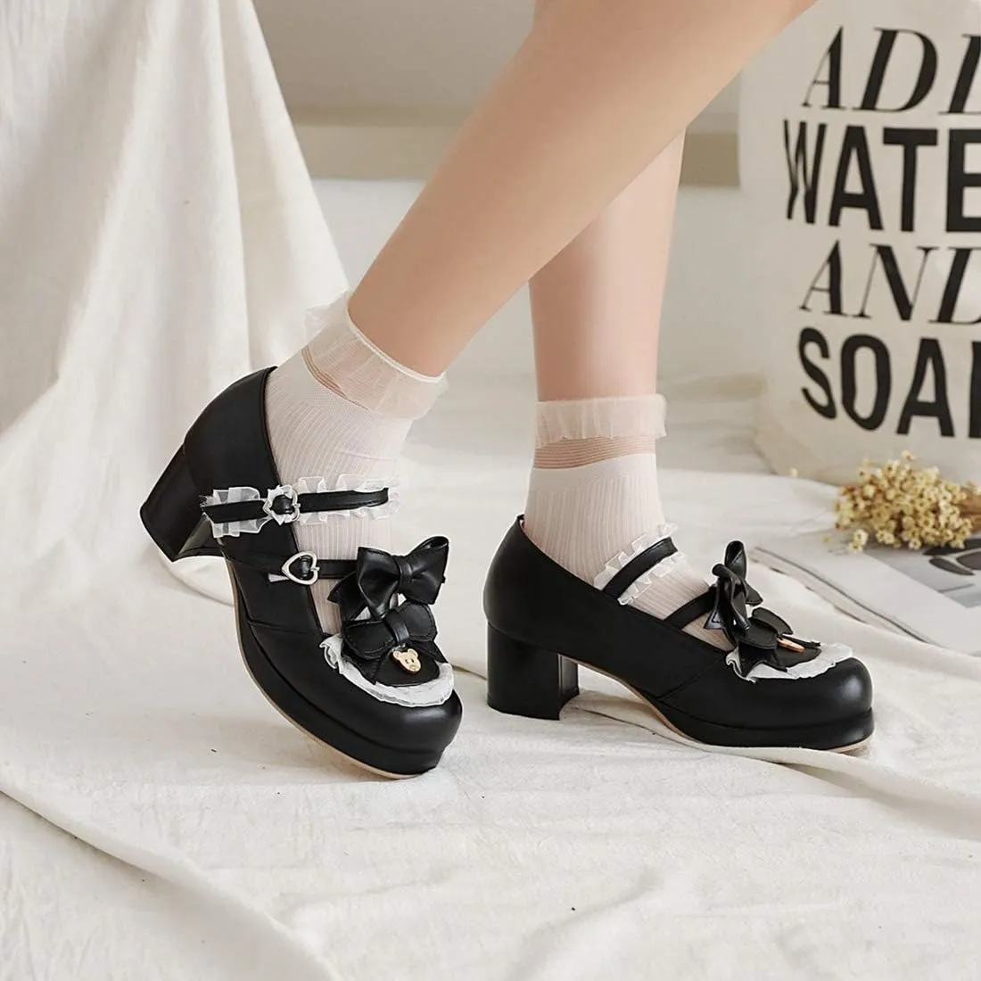 VOKLIN Women's Girls Lolita Mary Janes Shoes Sweet Bow Lace Ankle Strap Mid Heels Cosplay Oxford Dress Pumps