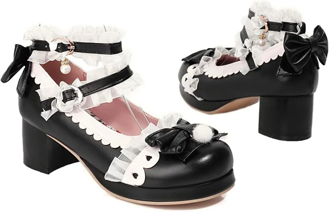 VOKLIN Women's Girls Lolita Mary Janes Shoes Sweet Bow Lace Ankle Strap Mid Heels Cosplay Oxford Dress Pumps