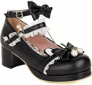 VOKLIN Women's Girls Lolita Mary Janes Shoes Sweet Bow Lace Ankle Strap Mid Heels Cosplay Oxford Dress Pumps