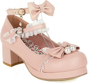 VOKLIN Women's Girls Lolita Mary Janes Shoes Sweet Bow Lace Ankle Strap Mid Heels Cosplay Oxford Dress Pumps