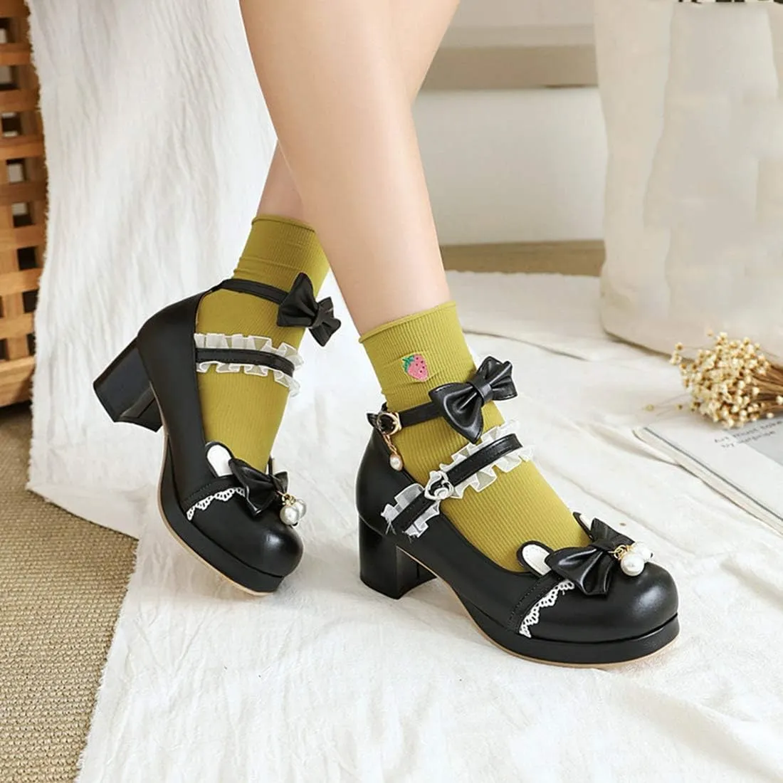 VOKLIN Women's Girls Lolita Mary Janes Shoes Sweet Bow Lace Ankle Strap Mid Heels Cosplay Oxford Dress Pumps