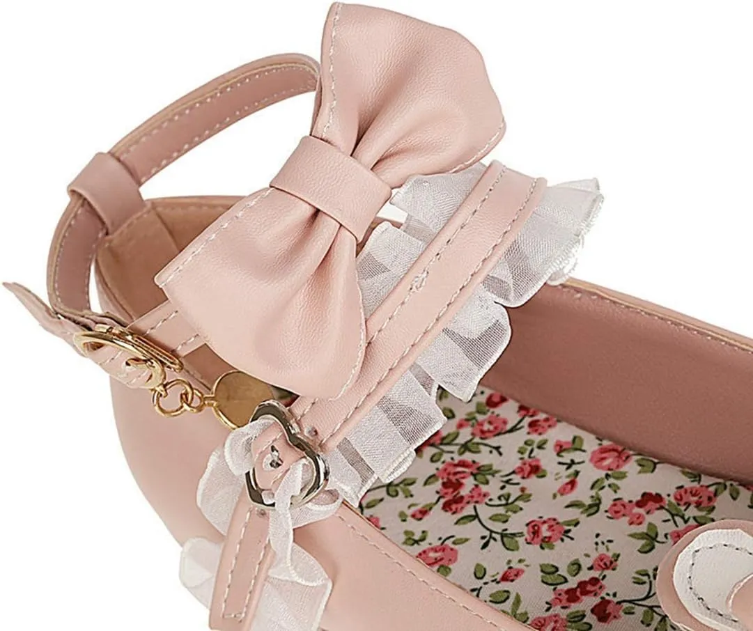 VOKLIN Women's Girls Lolita Mary Janes Shoes Sweet Bow Lace Ankle Strap Mid Heels Cosplay Oxford Dress Pumps