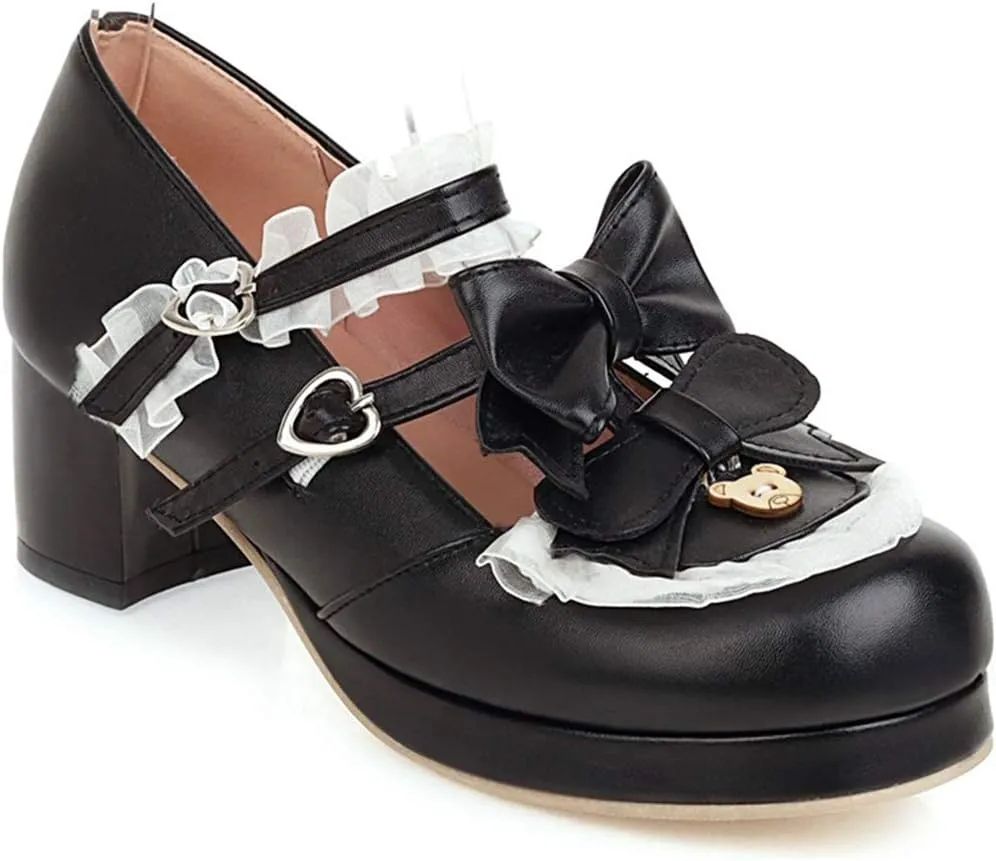 VOKLIN Women's Girls Lolita Mary Janes Shoes Sweet Bow Lace Ankle Strap Mid Heels Cosplay Oxford Dress Pumps