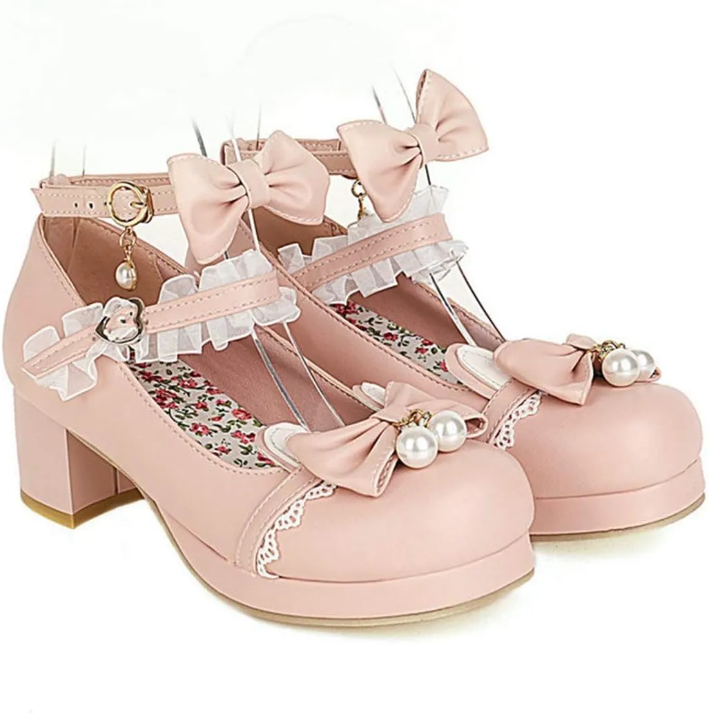 VOKLIN Women's Girls Lolita Mary Janes Shoes Sweet Bow Lace Ankle Strap Mid Heels Cosplay Oxford Dress Pumps