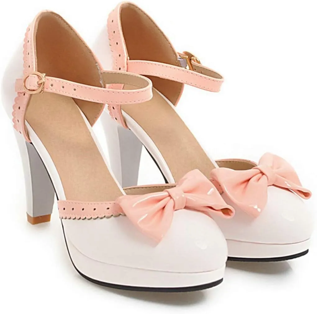 VOKLIN Women's Girls Lolita Platform Ankle Strap Mary Jane Pumps Sweet Bow Block High Heel Oxford Dress Shoes