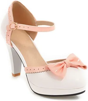 VOKLIN Women's Girls Lolita Platform Ankle Strap Mary Jane Pumps Sweet Bow Block High Heel Oxford Dress Shoes