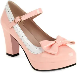VOKLIN Women's Girls Lolita Platform Mary Jane Pumps Sweet Bow Ankle Strap Block High Heel Oxford Dress Shoes