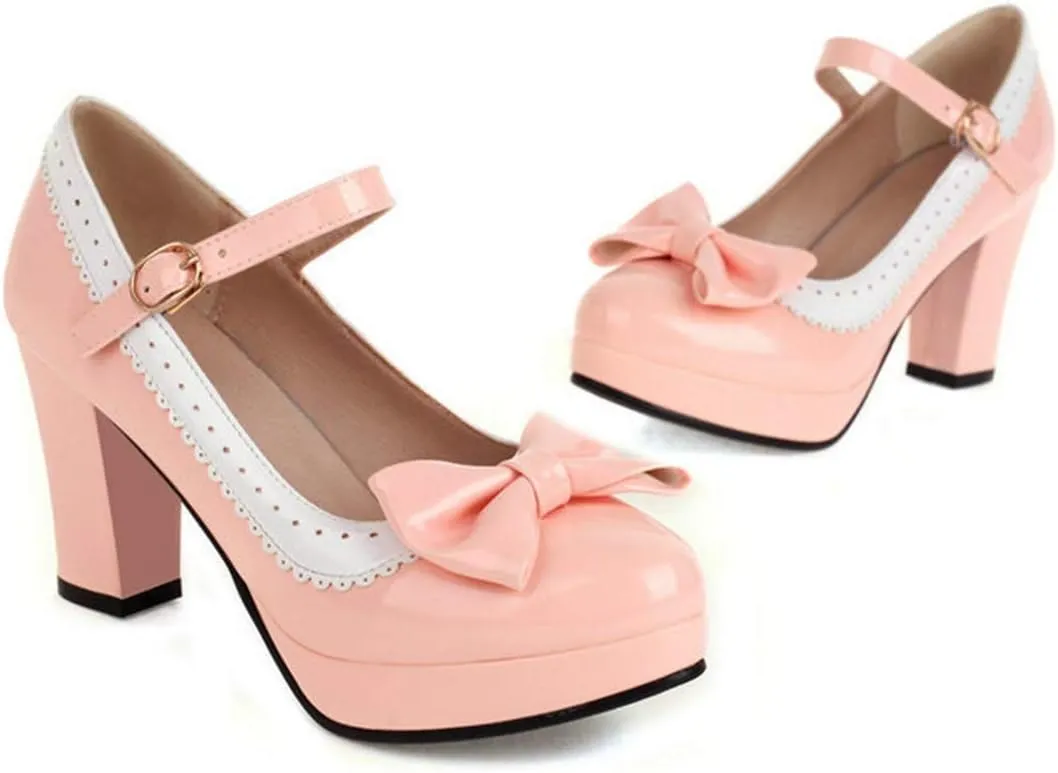 VOKLIN Women's Girls Lolita Platform Mary Jane Pumps Sweet Bow Ankle Strap Block High Heel Oxford Dress Shoes