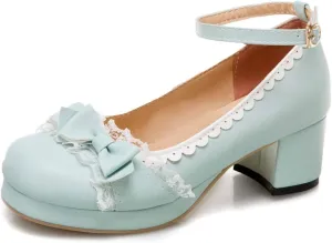 VOKLIN Women's Girls Lolita Platform Mary Jane Pumps Sweet Bow Ankle Strap Block Mid Heel Oxford Dress Shoes