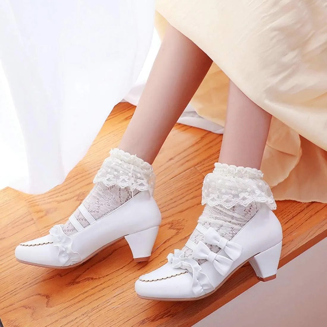 VOKLIN Women's Girls Lolita Round Toe Sweet Bow Mary Jane Pumps Ankle Strap Block Mid Heel Oxford Dress Shoes
