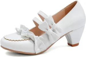 VOKLIN Women's Girls Lolita Round Toe Sweet Bow Mary Jane Pumps Ankle Strap Block Mid Heel Oxford Dress Shoes