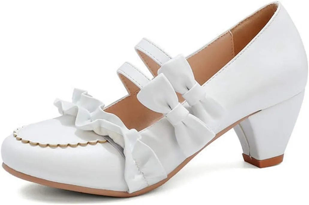 VOKLIN Women's Girls Lolita Round Toe Sweet Bow Mary Jane Pumps Ankle Strap Block Mid Heel Oxford Dress Shoes