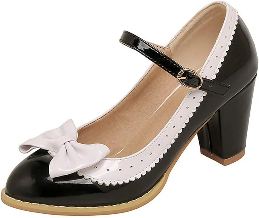 VOKLIN Women's Girls Lolita Sweet Bow Mary Jane Pumps Ankle Strap Platform Block High Heel Oxford Dress Shoes