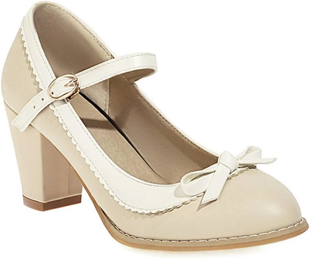 VOKLIN Women's Girls Lolita Sweet Bow Mary Jane Pumps Ankle Strap Platform Block High Heel Oxford Dress Shoes