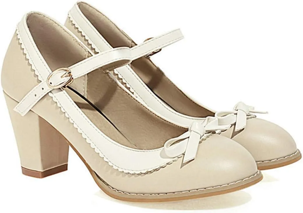 VOKLIN Women's Girls Lolita Sweet Bow Mary Jane Pumps Ankle Strap Platform Block High Heel Oxford Dress Shoes