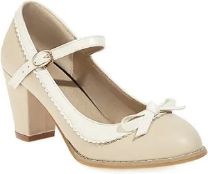 VOKLIN Women's Girls Lolita Sweet Bow Mary Jane Pumps Ankle Strap Platform Block High Heel Oxford Dress Shoes