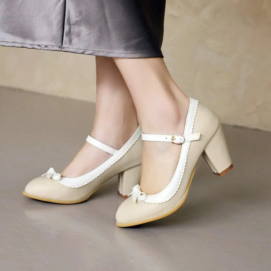 VOKLIN Women's Girls Lolita Sweet Bow Mary Jane Pumps Ankle Strap Platform Block High Heel Oxford Dress Shoes