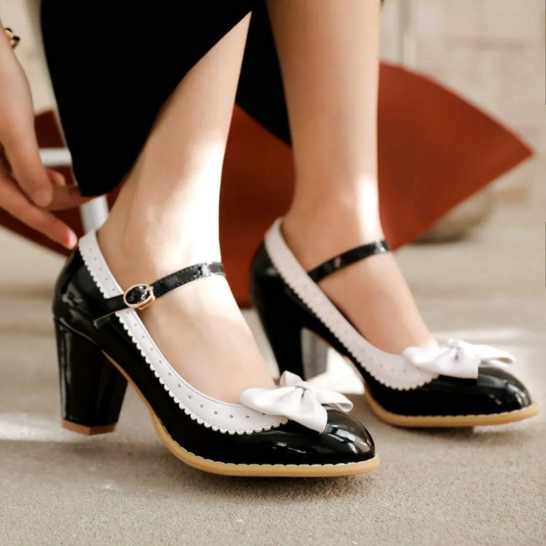 VOKLIN Women's Girls Lolita Sweet Bow Mary Jane Pumps Ankle Strap Platform Block High Heel Oxford Dress Shoes