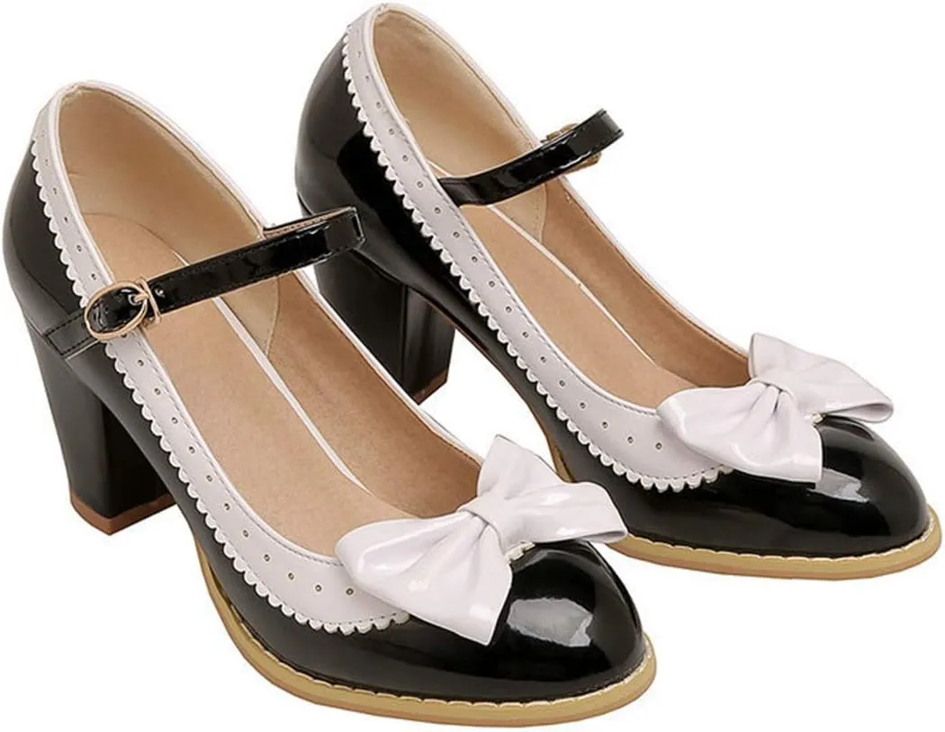 VOKLIN Women's Girls Lolita Sweet Bow Mary Jane Pumps Ankle Strap Platform Block High Heel Oxford Dress Shoes