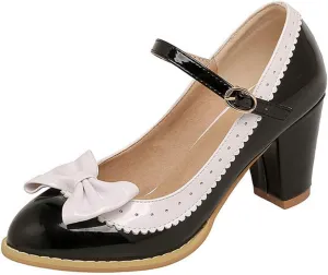 VOKLIN Women's Girls Lolita Sweet Bow Mary Jane Pumps Ankle Strap Platform Block High Heel Oxford Dress Shoes