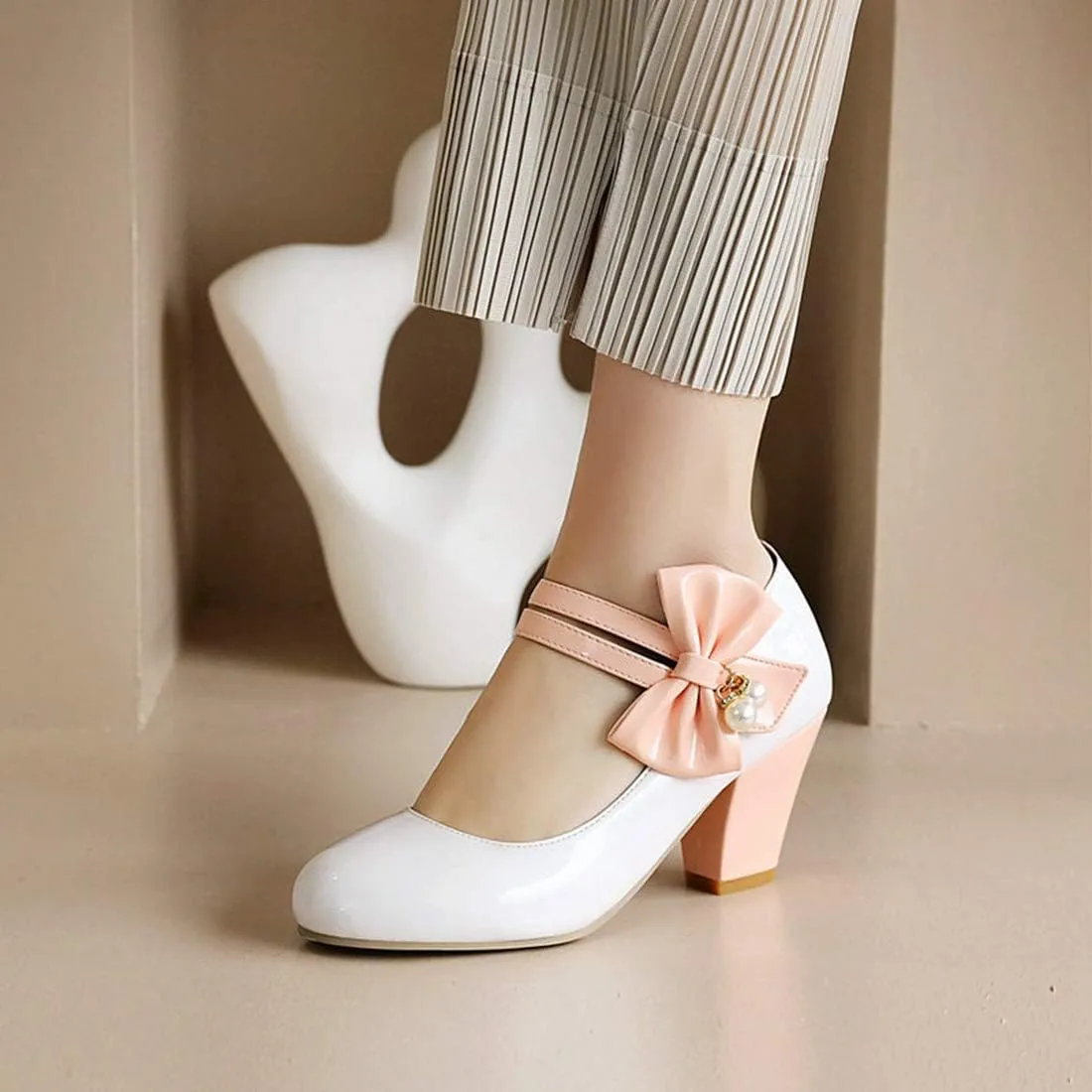 VOKLIN Women's Girls Lolita Sweet Bow Mary Jane Pumps Round Toe Ankle Strap Block High Heel Oxford Dress Shoes