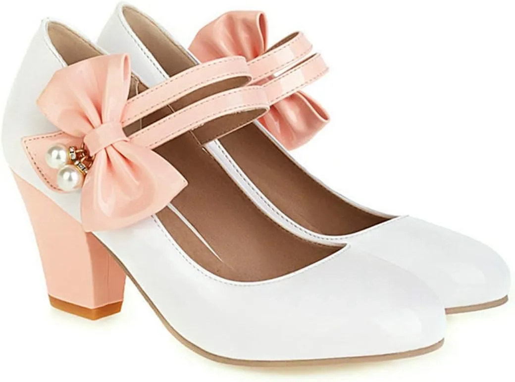 VOKLIN Women's Girls Lolita Sweet Bow Mary Jane Pumps Round Toe Ankle Strap Block High Heel Oxford Dress Shoes