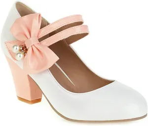 VOKLIN Women's Girls Lolita Sweet Bow Mary Jane Pumps Round Toe Ankle Strap Block High Heel Oxford Dress Shoes