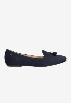 Wojas Dark Blue Velour Leather Loafers with Decorative Tassels | 4500167