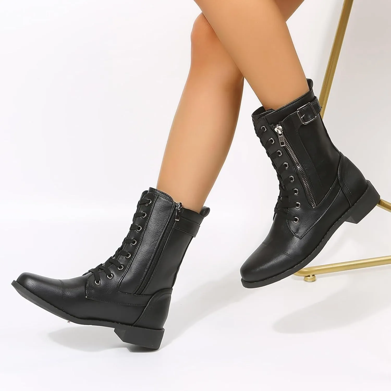 Women Combat Mid Calf Boots Wedge Heels Ankle Boots for WomenWomen's Winter Lace up Mid Calf Combat Riding Boots