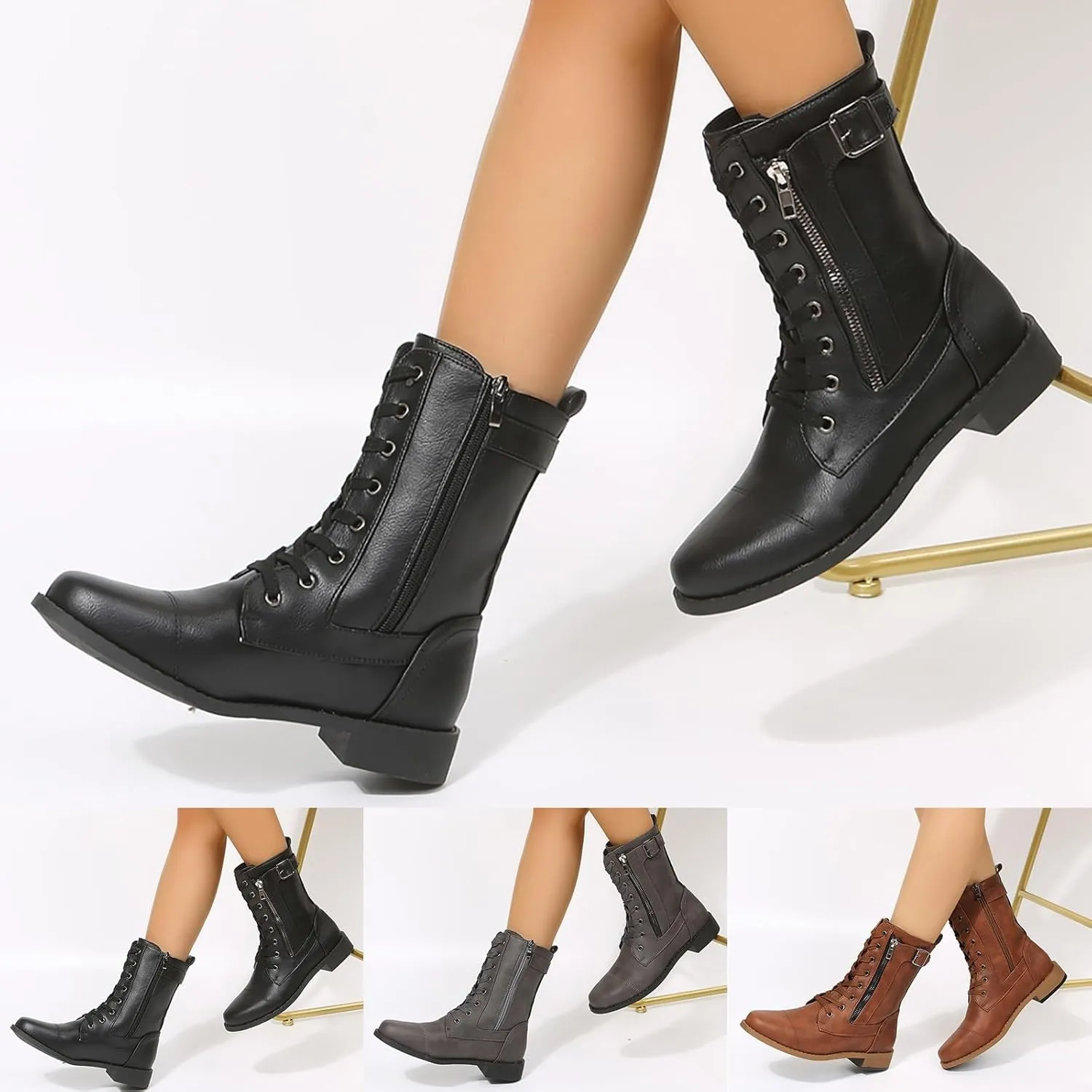 Women Combat Mid Calf Boots Wedge Heels Ankle Boots for WomenWomen's Winter Lace up Mid Calf Combat Riding Boots