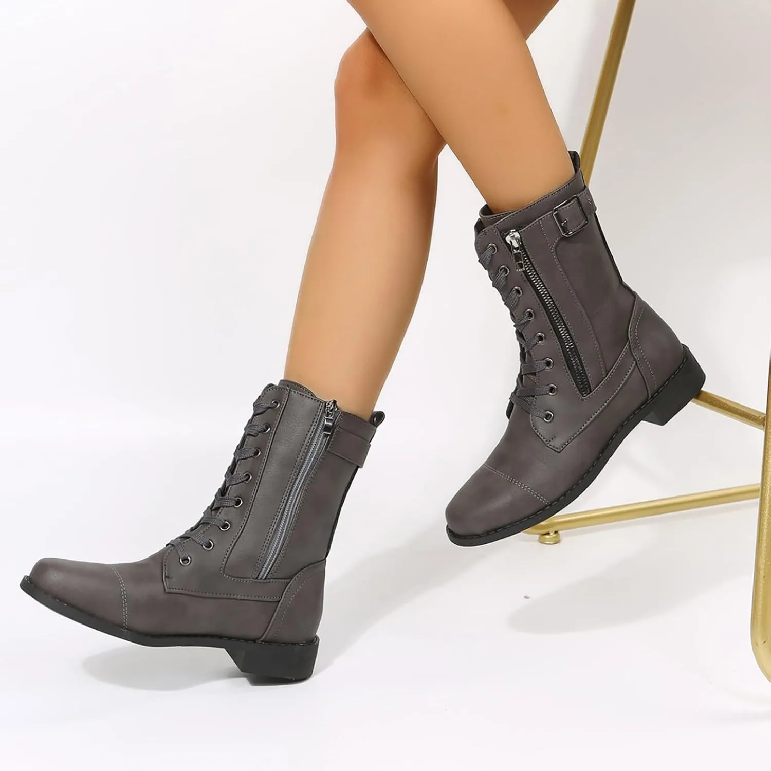 Women Combat Mid Calf Boots Wedge Heels Ankle Boots for WomenWomen's Winter Lace up Mid Calf Combat Riding Boots