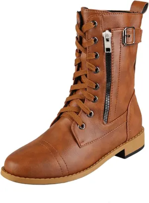 Women Combat Mid Calf Boots Wedge Heels Ankle Boots for WomenWomen's Winter Lace up Mid Calf Combat Riding Boots
