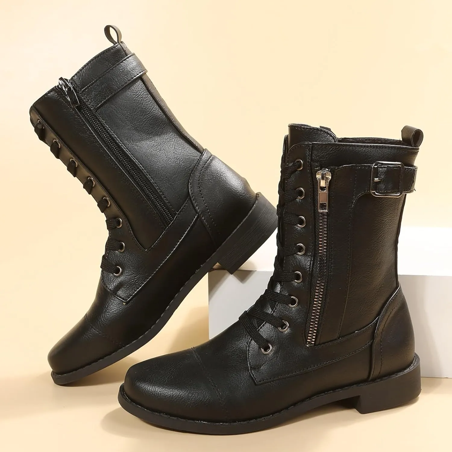 Women Combat Mid Calf Boots Wedge Heels Ankle Boots for WomenWomen's Winter Lace up Mid Calf Combat Riding Boots