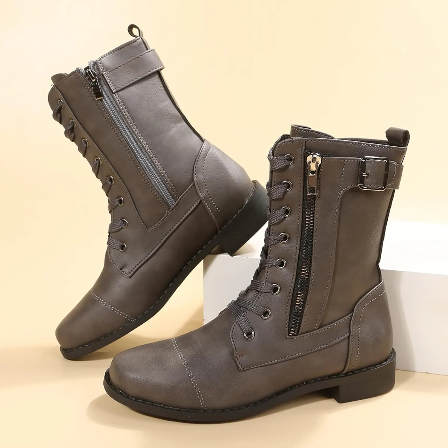 Women Combat Mid Calf Boots Wedge Heels Ankle Boots for WomenWomen's Winter Lace up Mid Calf Combat Riding Boots