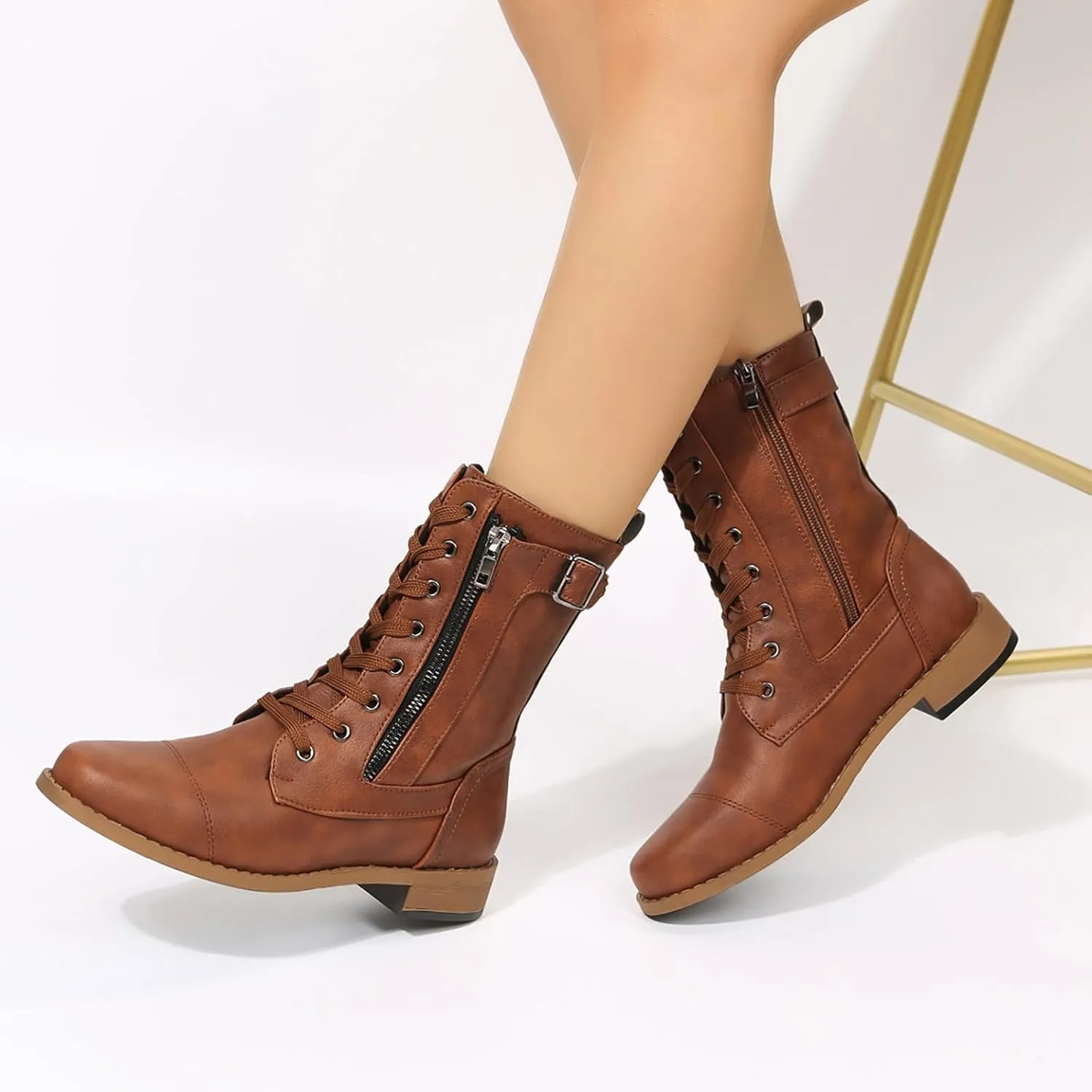 Women Combat Mid Calf Boots Wedge Heels Ankle Boots for WomenWomen's Winter Lace up Mid Calf Combat Riding Boots
