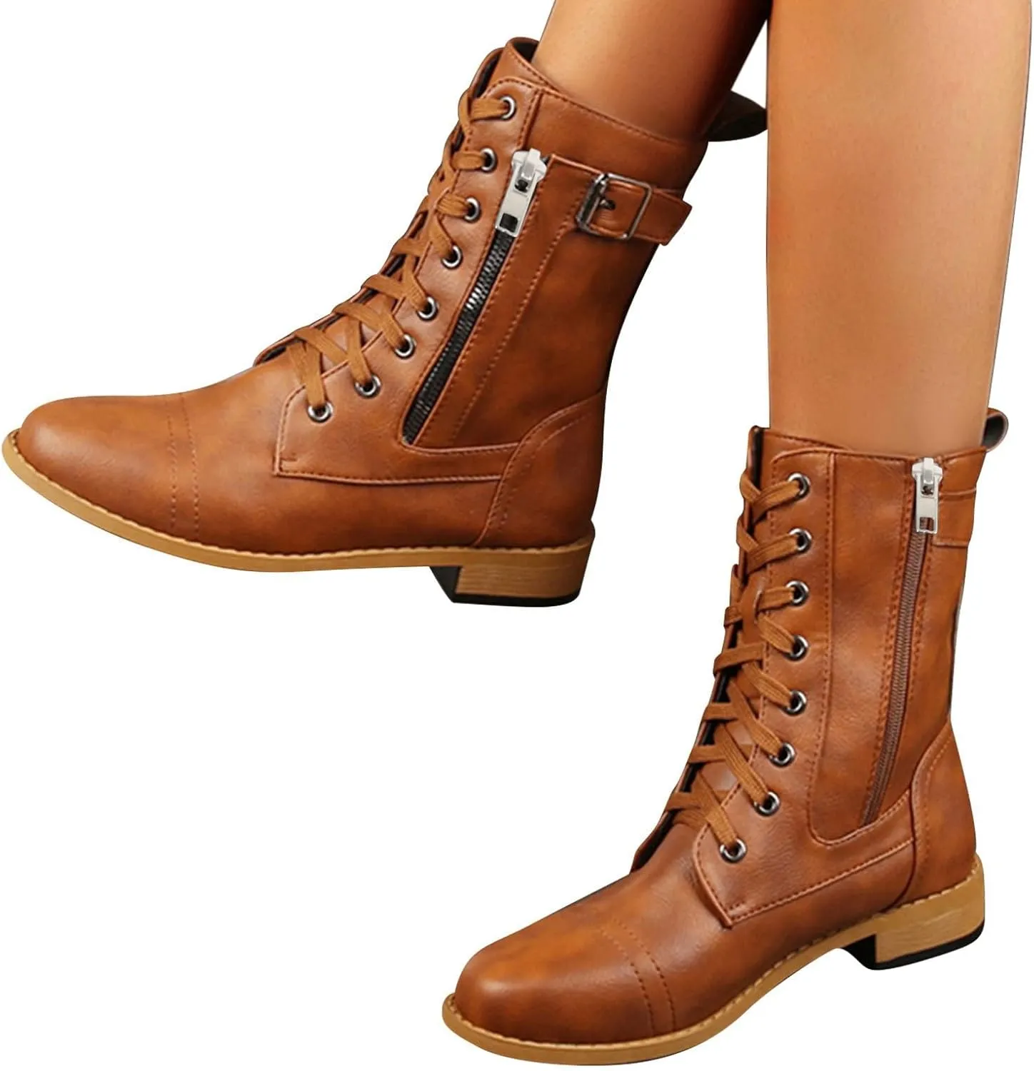 Women Combat Mid Calf Boots Wedge Heels Ankle Boots for WomenWomen's Winter Lace up Mid Calf Combat Riding Boots
