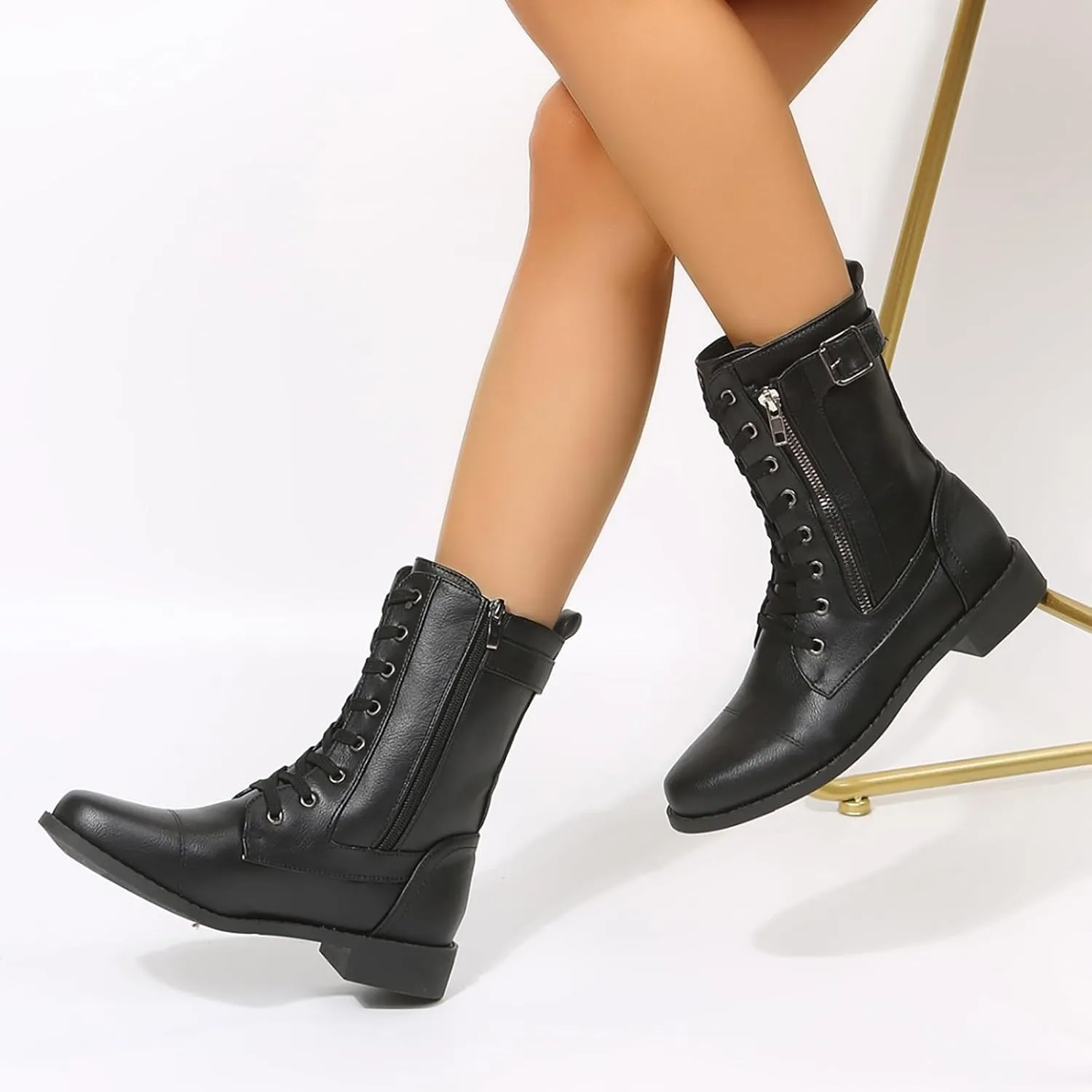 Women Combat Mid Calf Boots Wedge Heels Ankle Boots for WomenWomen's Winter Lace up Mid Calf Combat Riding Boots