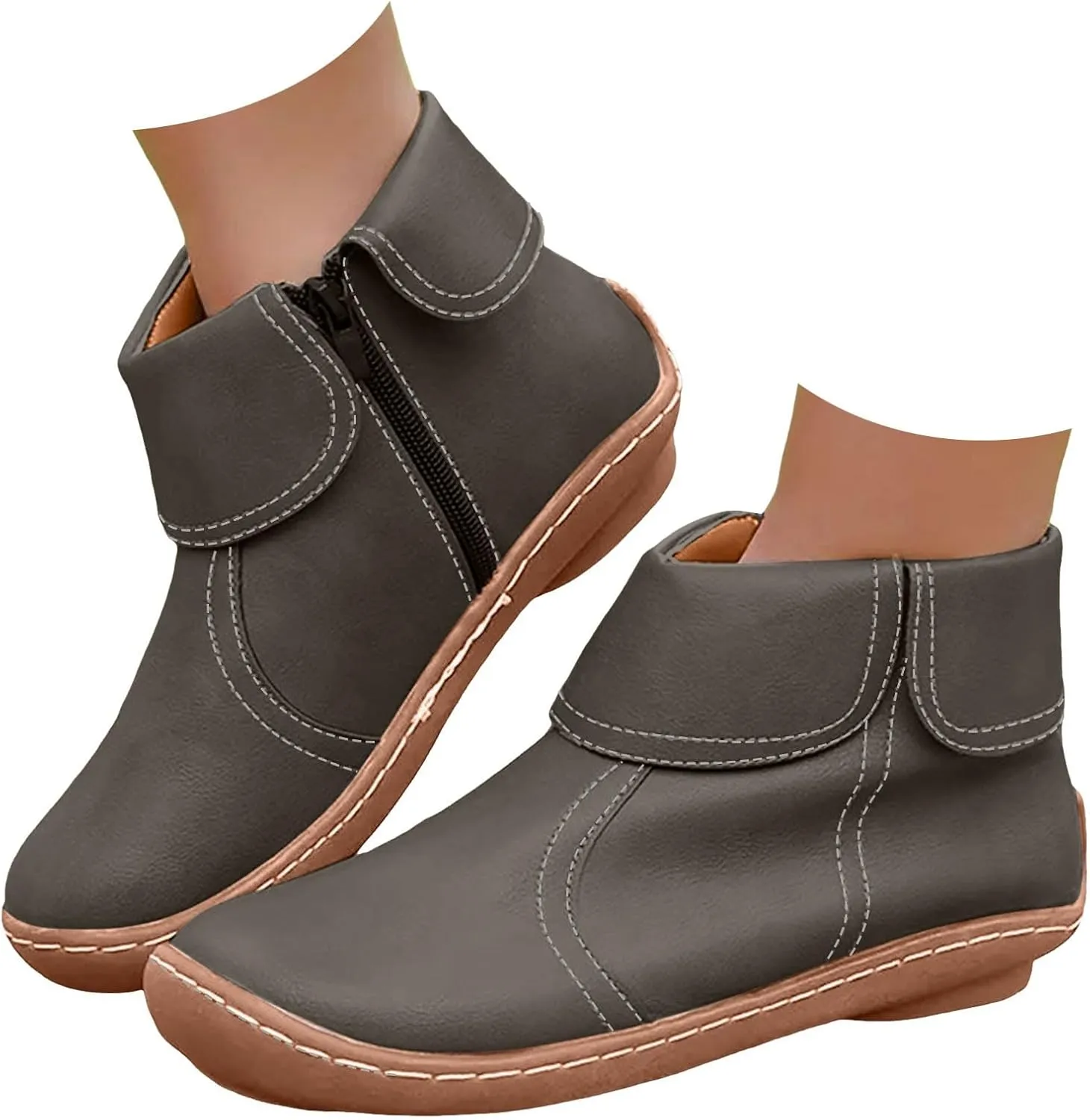 Women Flat Ankle Boots Round Toe Casual Boots for Women Side Zipper Round Toe Fashion Waterproof Comfortable Business