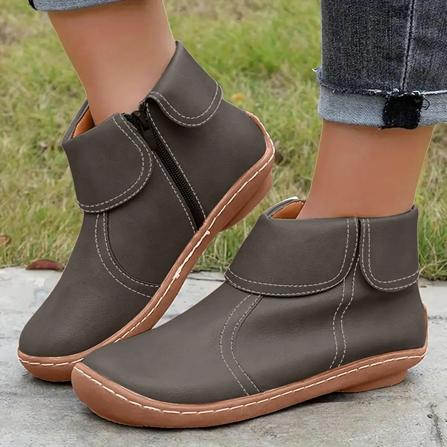 Women Flat Ankle Boots Round Toe Casual Boots for Women Side Zipper Round Toe Fashion Waterproof Comfortable Business