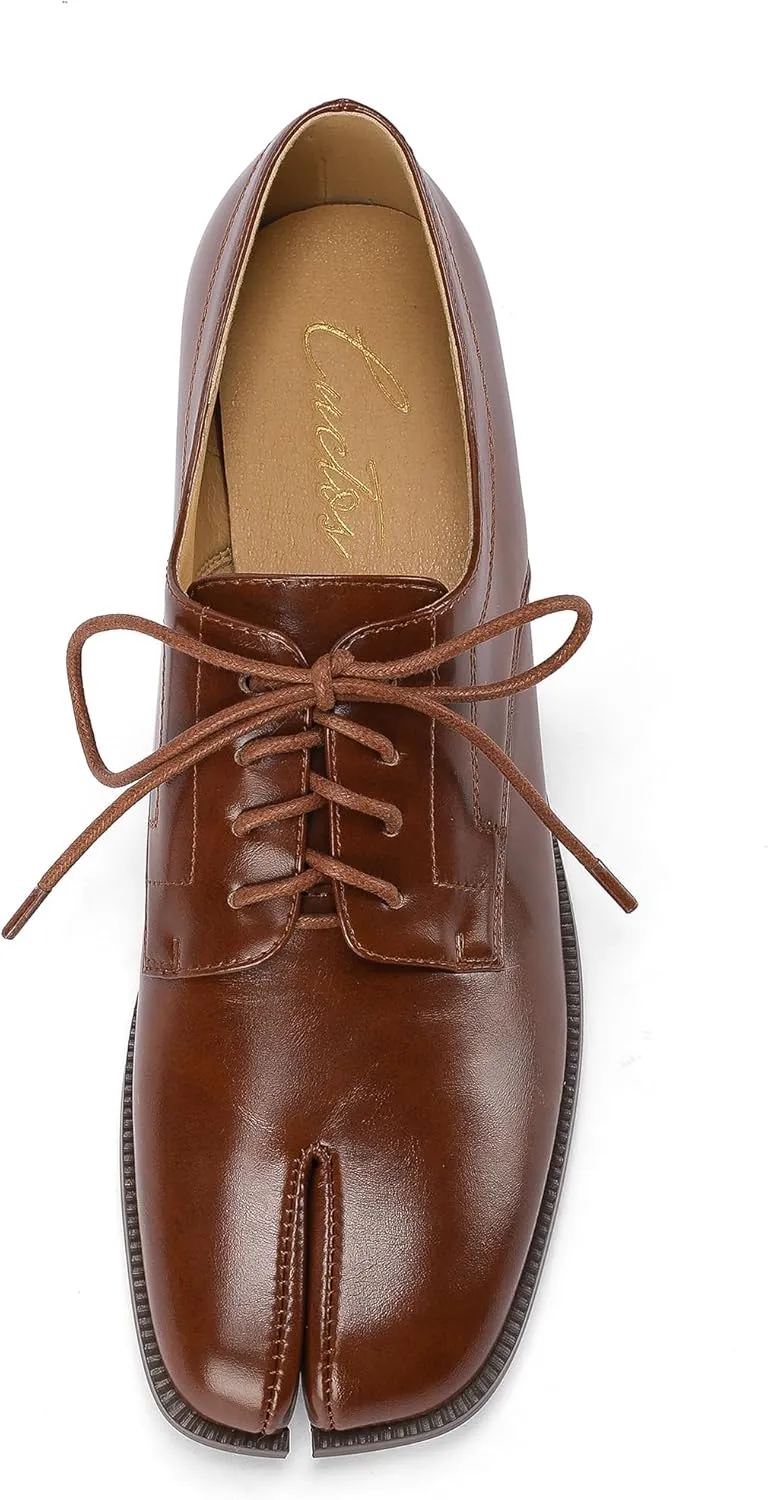 Women Neutral Oxford Shoes Lace-up Handmade Derby Faux Leather Flats Solid Ladies Shoes with Tabi Split Toe