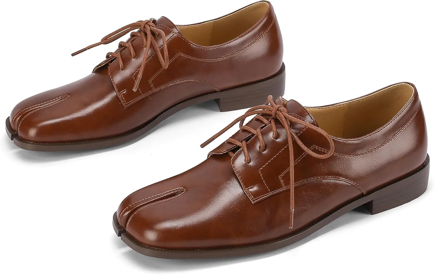 Women Neutral Oxford Shoes Lace-up Handmade Derby Faux Leather Flats Solid Ladies Shoes with Tabi Split Toe